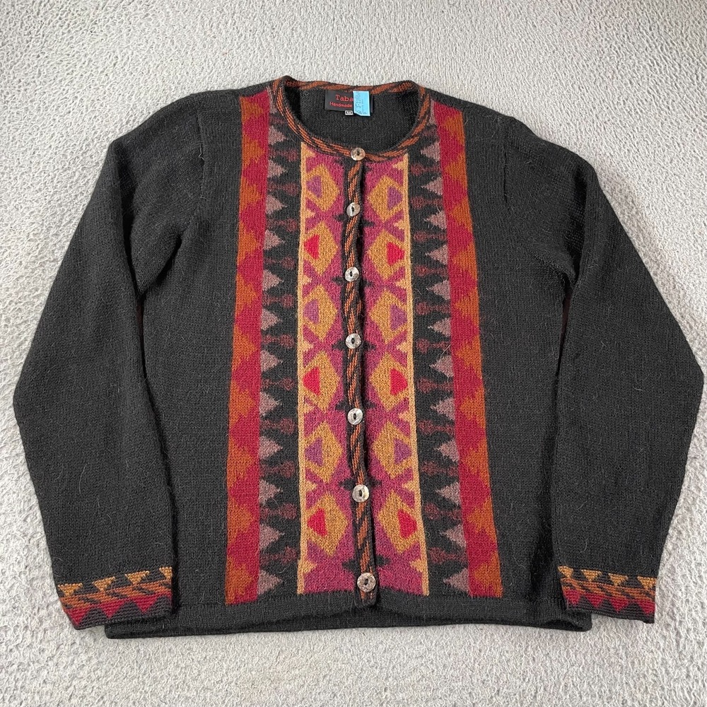Tabask Sweater Womens M‎ Black Red Handmade Peru Alpaca Blend Cardigan Jacket